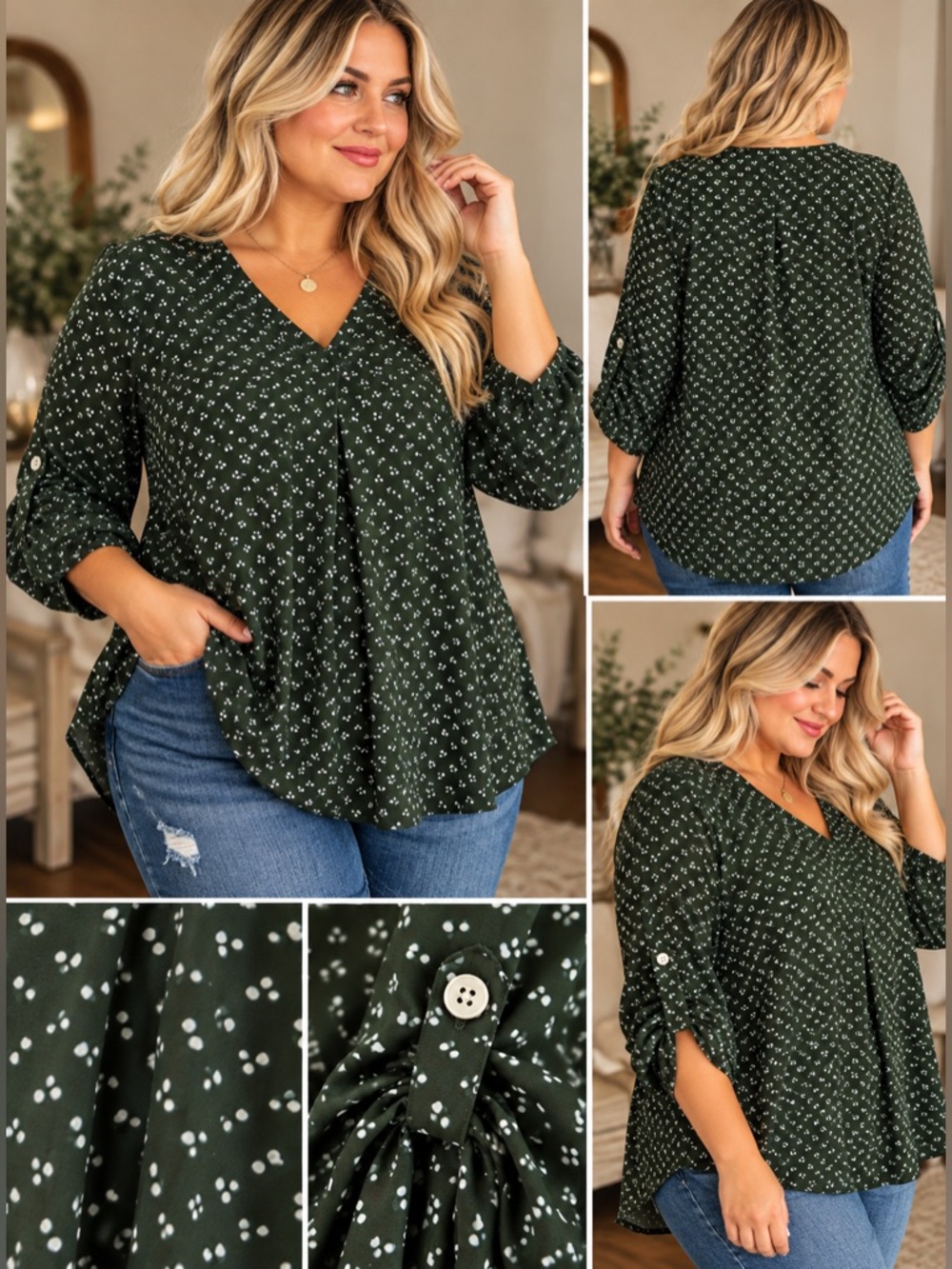 Verse Size 1X Women’s Forest Green Fall Printed Floral Flowy Blouse